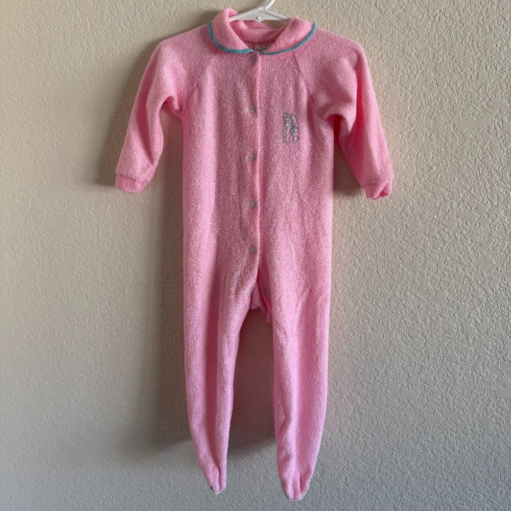 Vintage Sears Pink with Blue Trim Terry One Piece Baby Outfit Footie with Grips